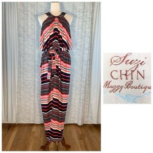 Suzi Chin Maggy Boutique Striped Halter Maxi Dress.